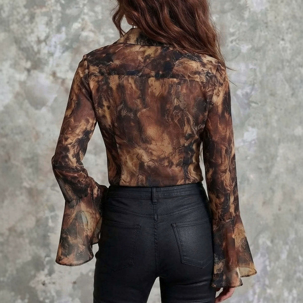 Abstract Print Flare Sleeve Top – Black Juniper